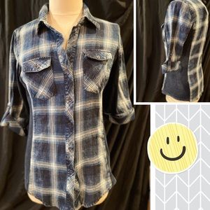 Womens 3/4 sleeve Navy Plaid Shirt with Ribbed Panels